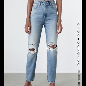 Zara high rise ripped mom fit jeans.
